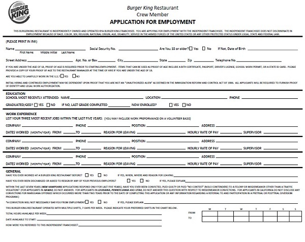 Burger King Job Application Form