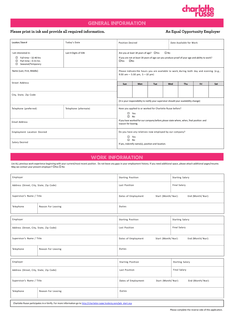 Charlotte Russe Hiring Fill Online Printable Fillable Blank 