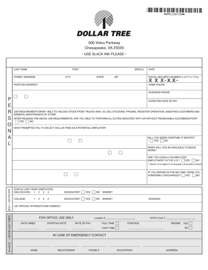 Dollar Tree Application For Employment Form Free Download