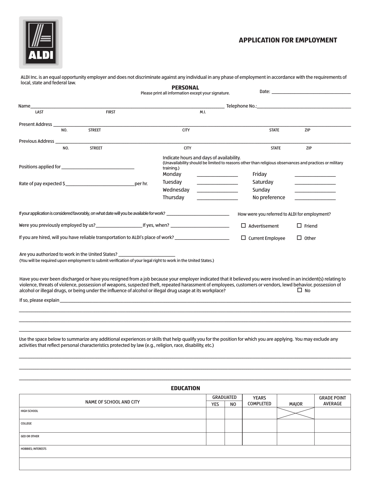 Download ALDI Job Application Form Careers PDF FreeDownloads