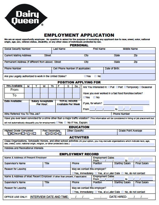 Download Dairy Queen Job Application Form PDF WikiDownload