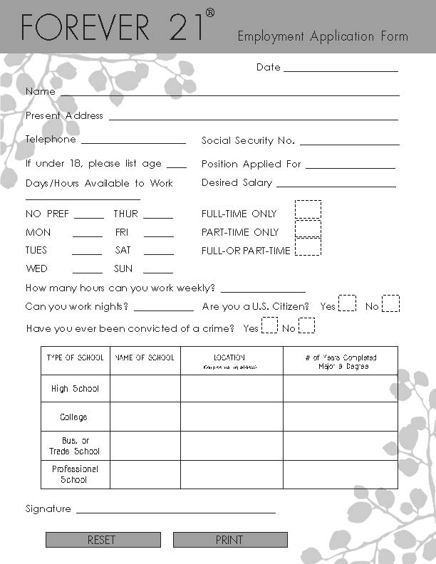 Download Forever 21 Job Application Form Fillable Adobe PDF WikiDownload
