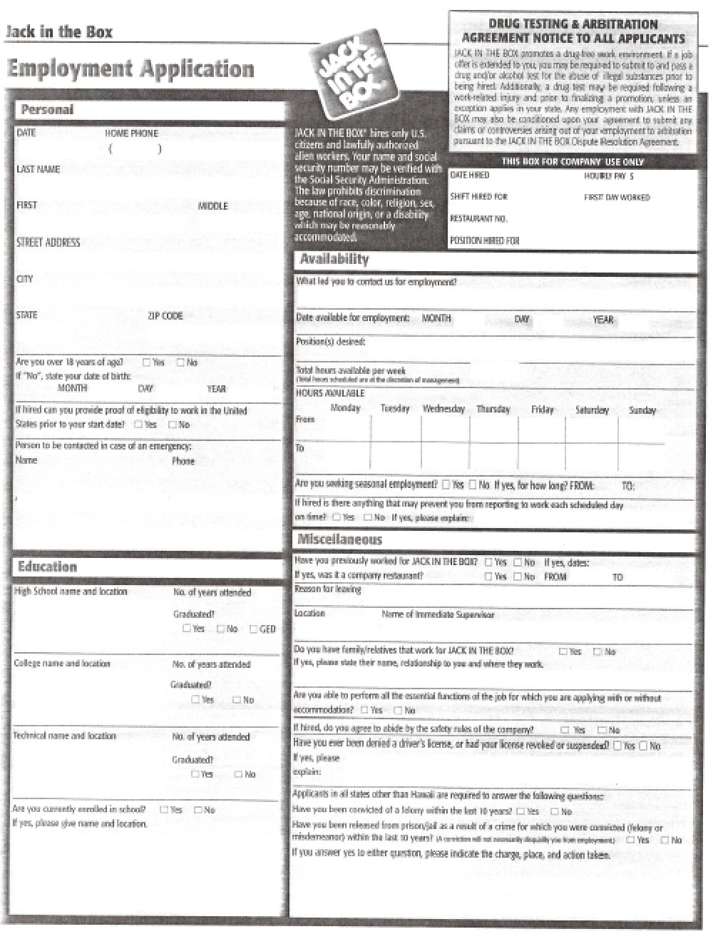 Download Jack in the Box Job Application Form Adobe PDF WikiDownload