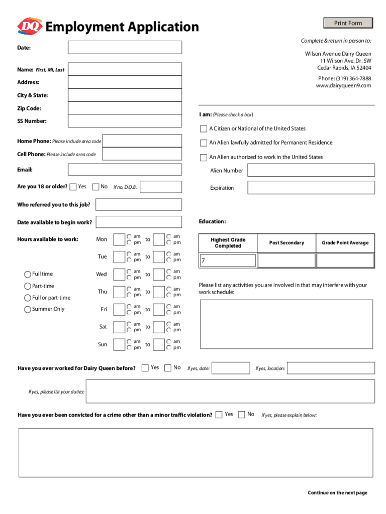 DQ Employment Application Form Edit Fill Sign Online Handypdf