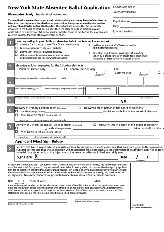Fillable New York State Absentee Ballot Application Printable Pdf Download