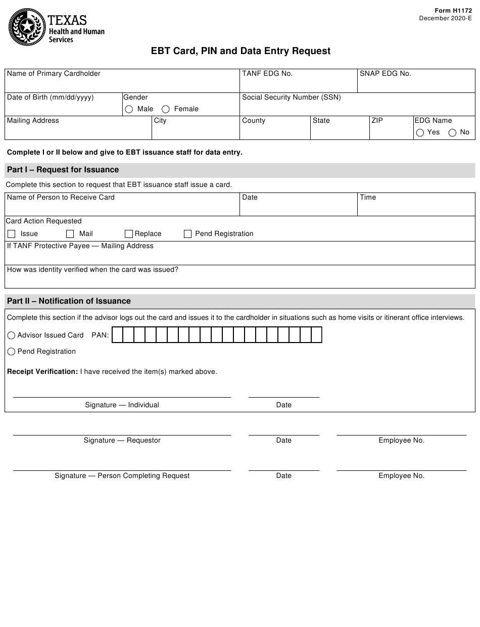 Form H1172 Download Fillable PDF Or Fill Online Ebt Card Pin And Data 