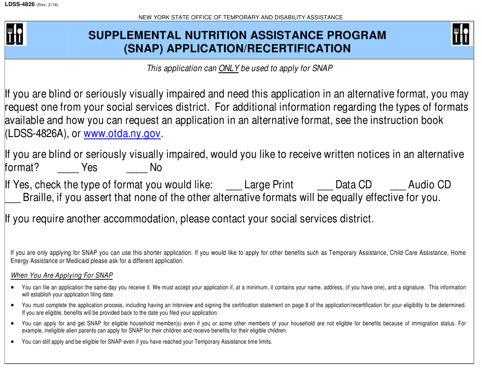 Form LDSS 4826 Download Printable PDF Or Fill Online Snap Application