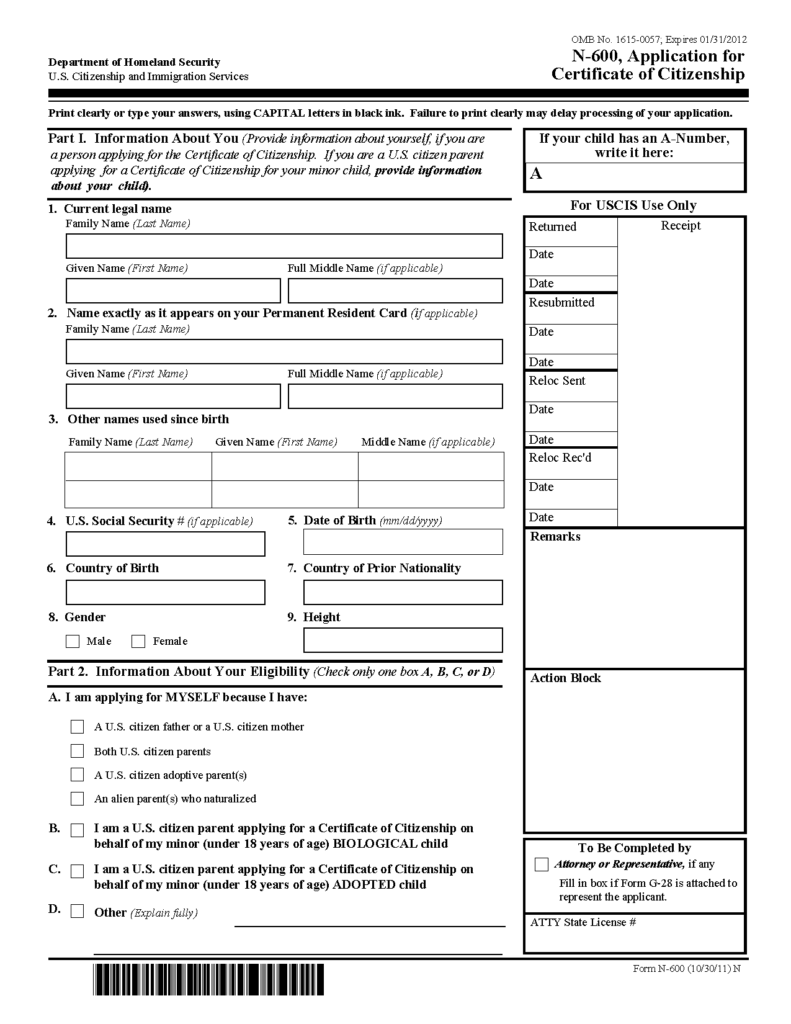 Form N 600 Application For Certificate Of Citizenship