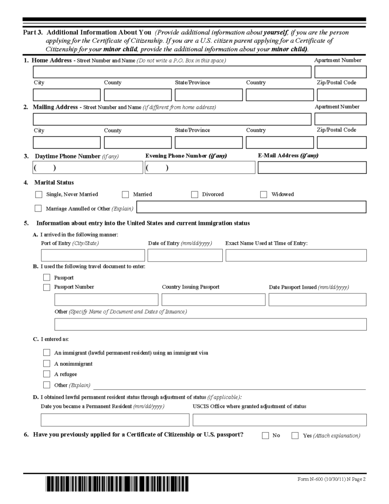 Form N 600 Application For Certificate Of Citizenship