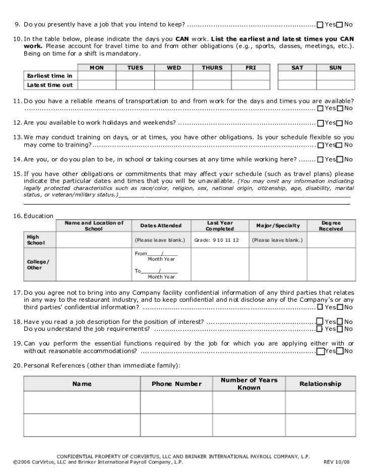 Free Printable Chili s Job Application Form Page 2