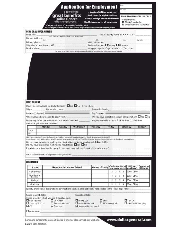 Free Printable Dollar General Job Application Form