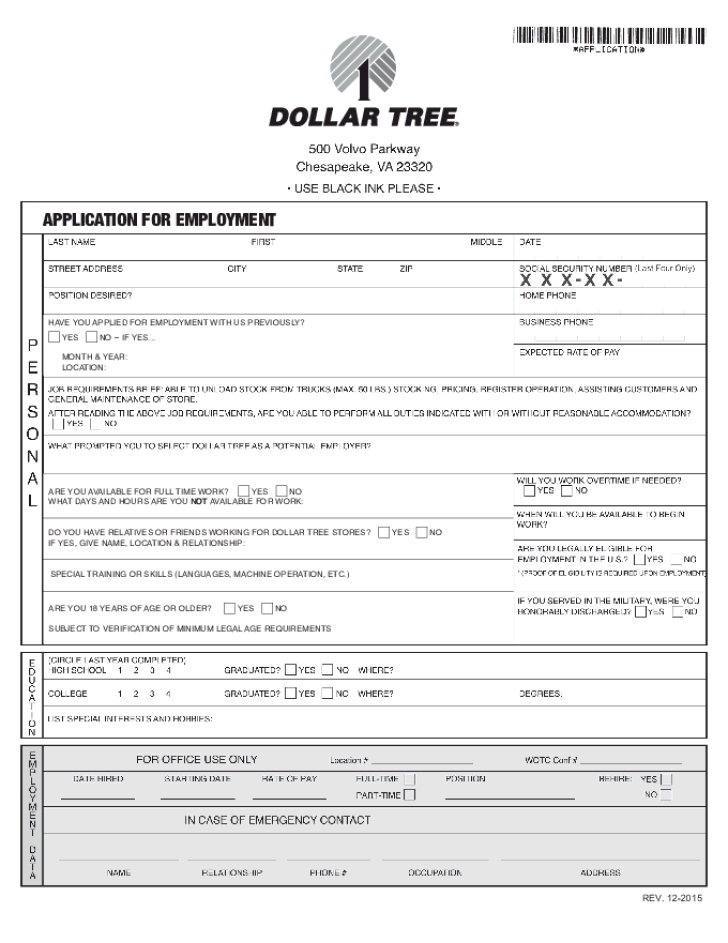 Free Printable Dollar Tree Job Application Form