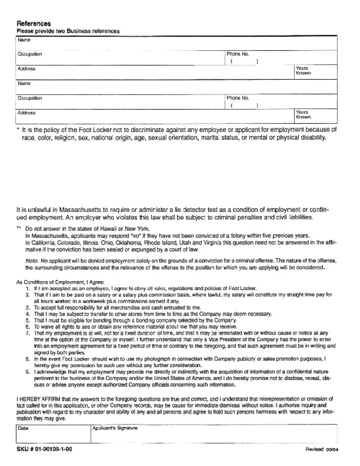 Free Printable Kids Foot Locker Job Application Form Page 2
