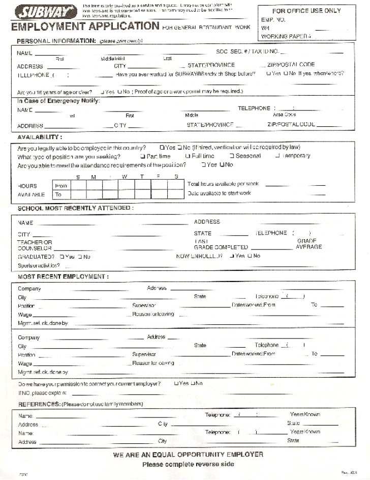 Free Printable Subway Job Application Form