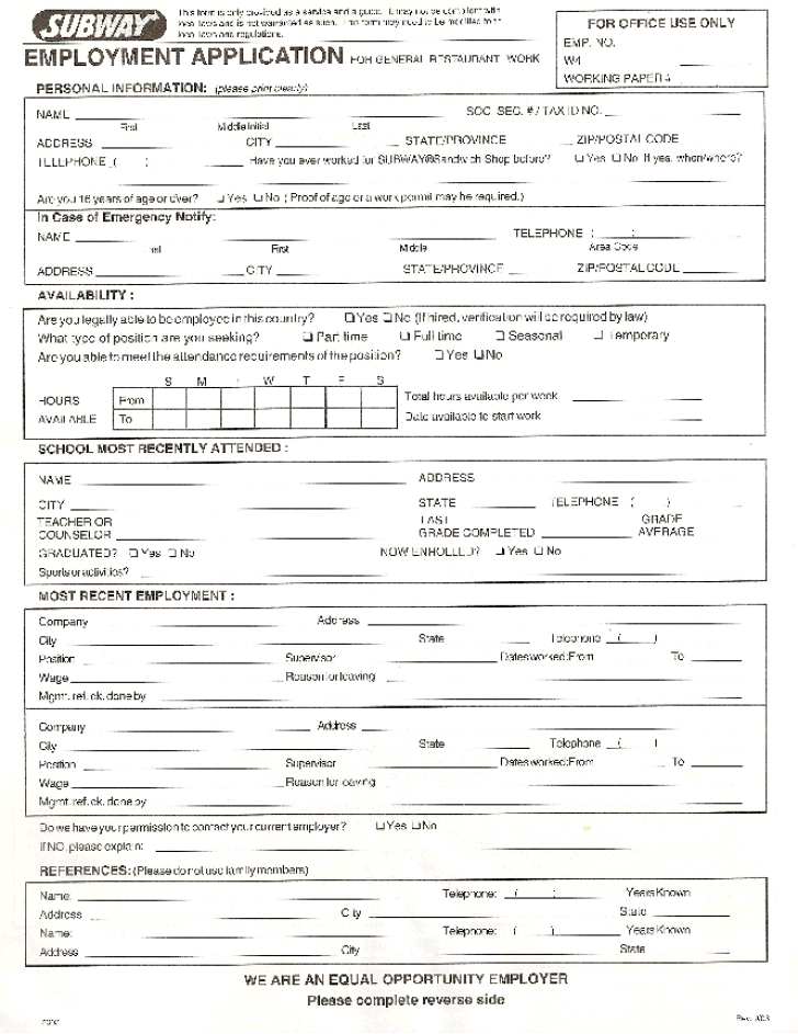 Free Printable Subway Job Application Form Free Printable Subway Job Application Form