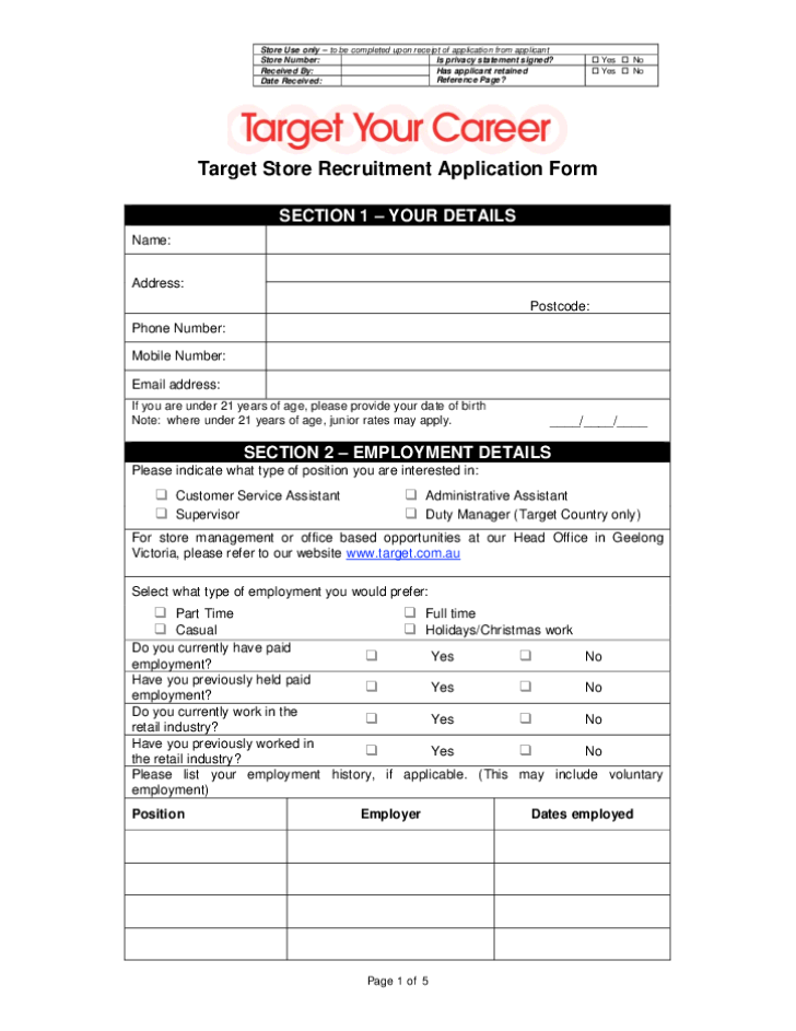 Free Printable Target Job Application Form