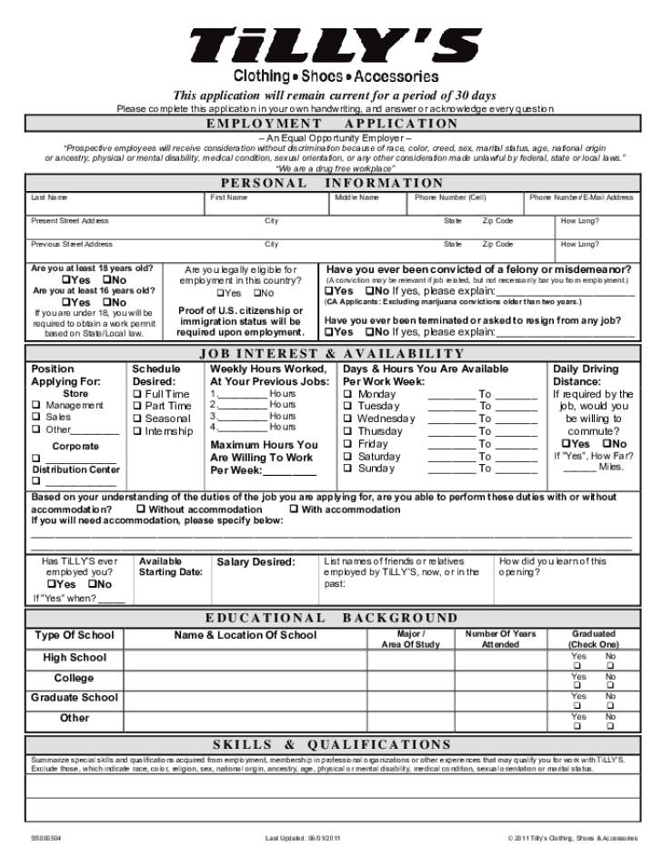 Free Printable Tilly s Job Application Form