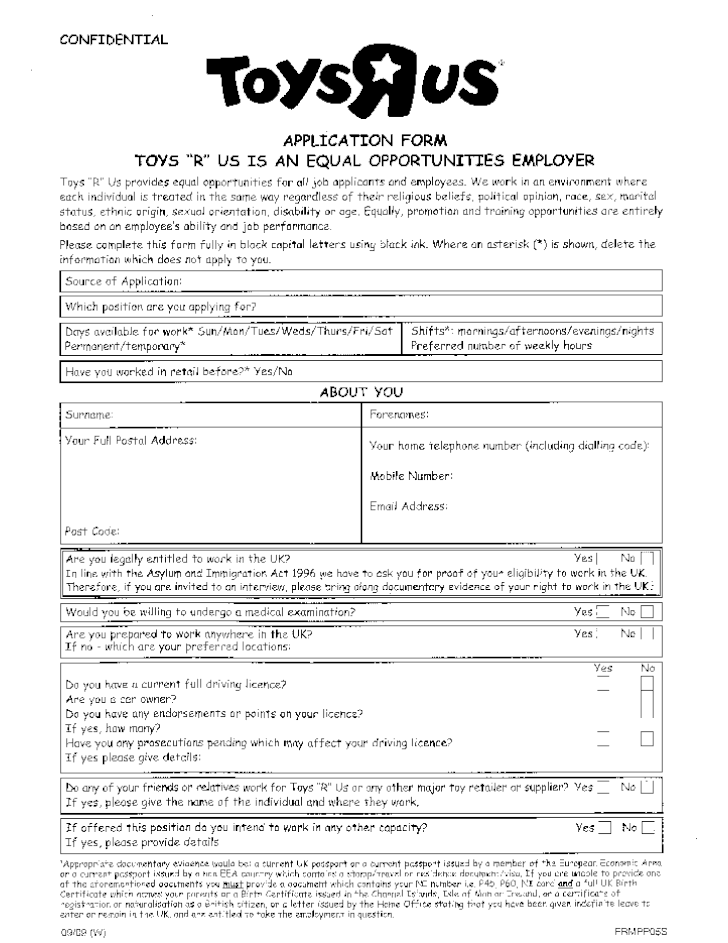 Free Printable Toys R Us Job Application Form