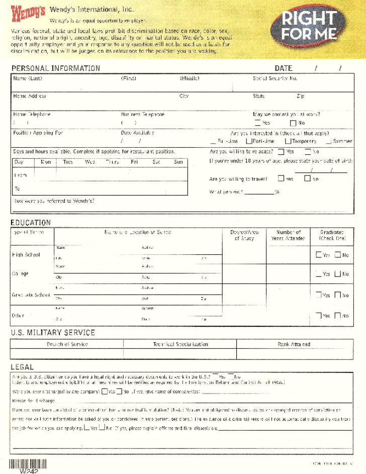 Free Printable Wendy s Job Application Form