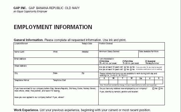 Gap Application PDF Print Out