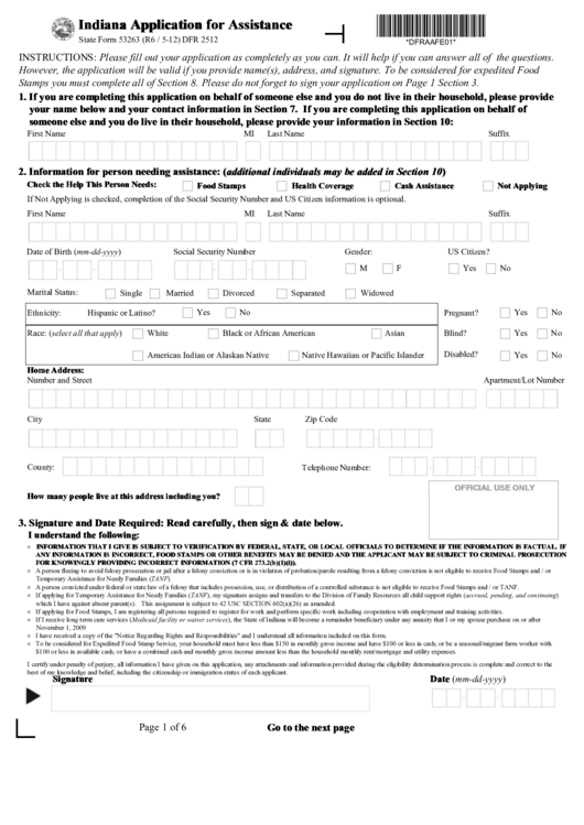 Indiana Application For Assistance Printable Pdf Download