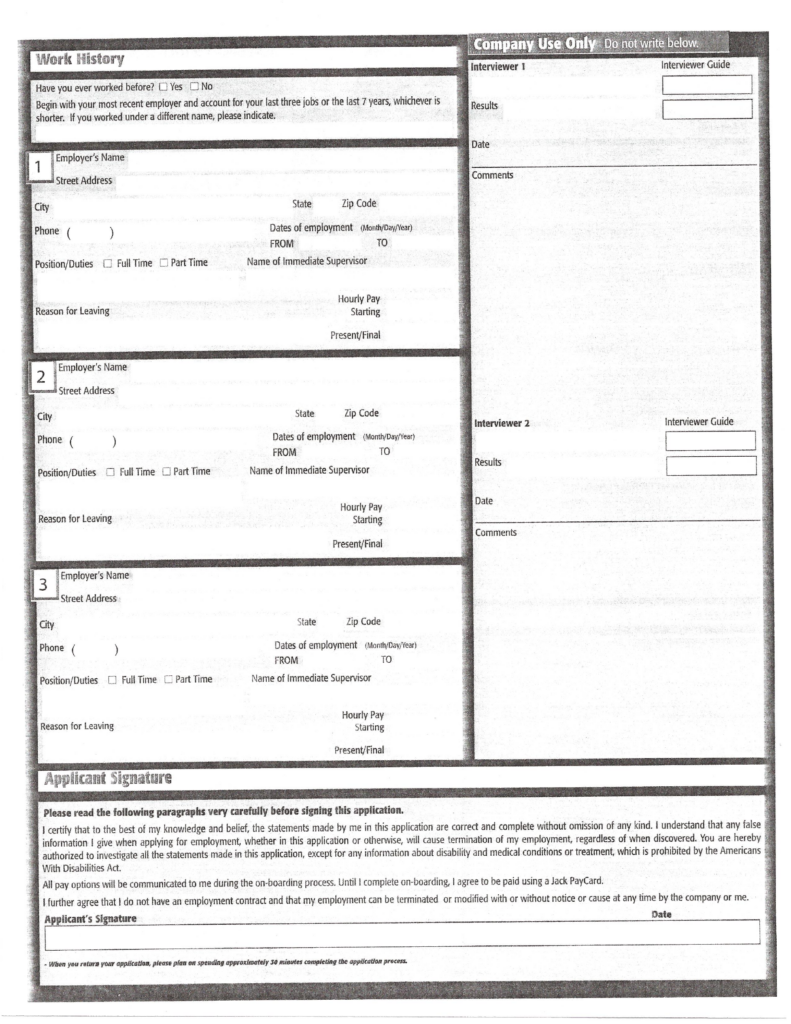 Jack In The Box Part Time Job Application Form Free Download