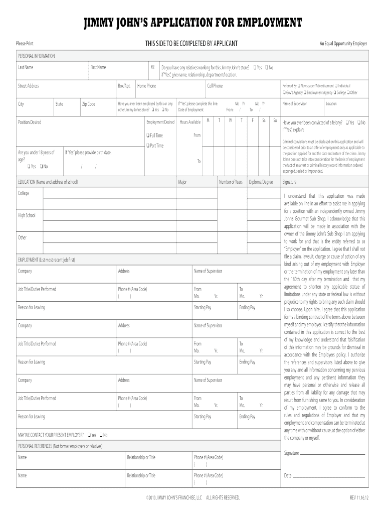 Jimmy Johns Applications Fill Online Printable Fillable Blank 