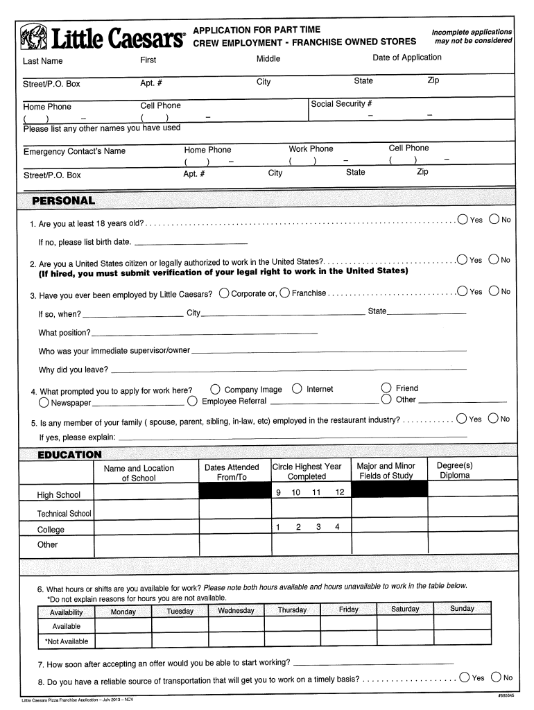 Little Caesars Application Fill Online Printable Fillable Blank