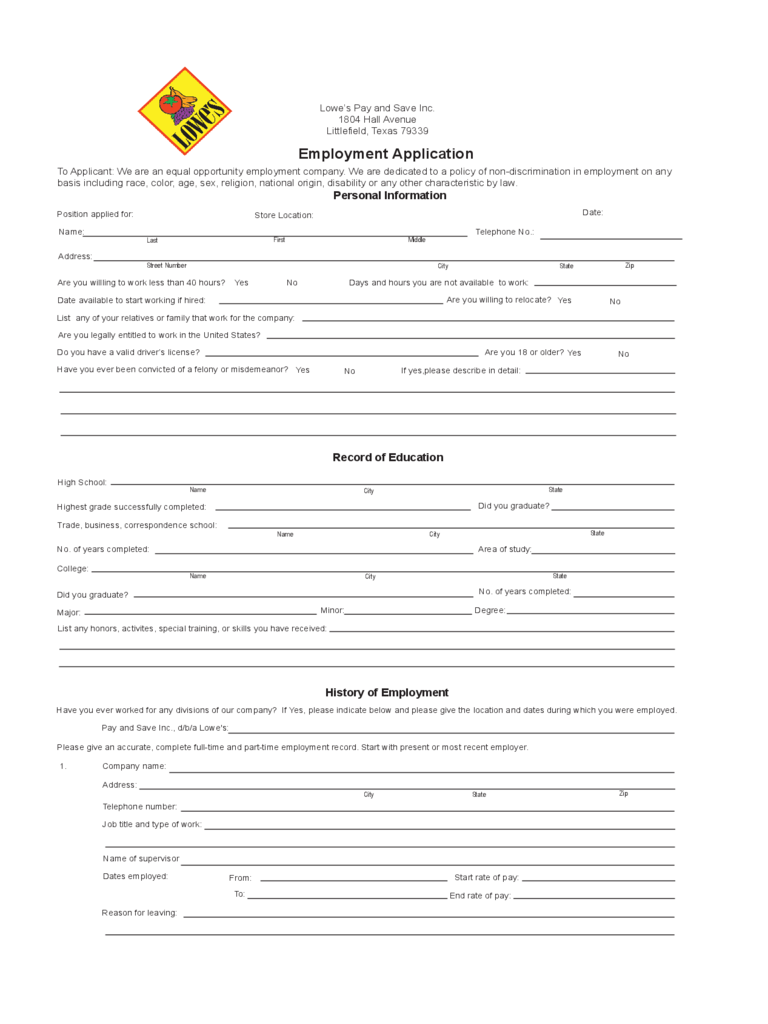 Lowe s Employment Application Form Edit Fill Sign Online Handypdf