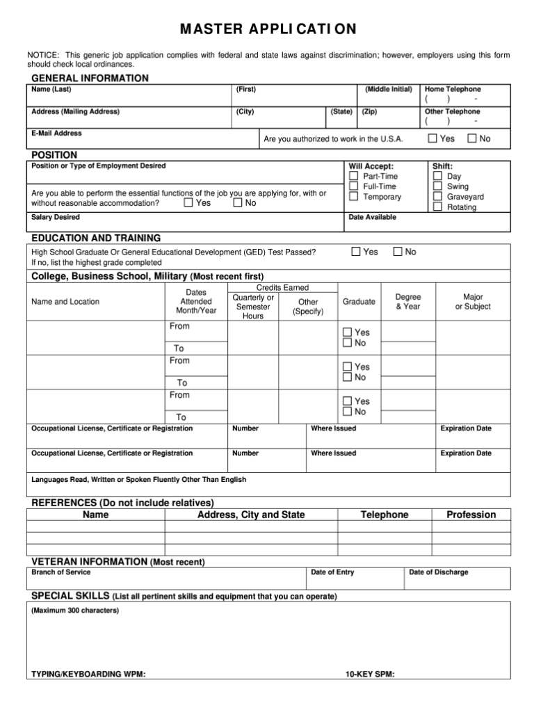 Printable Master Application Printable Application Printable Master Application Printable Application