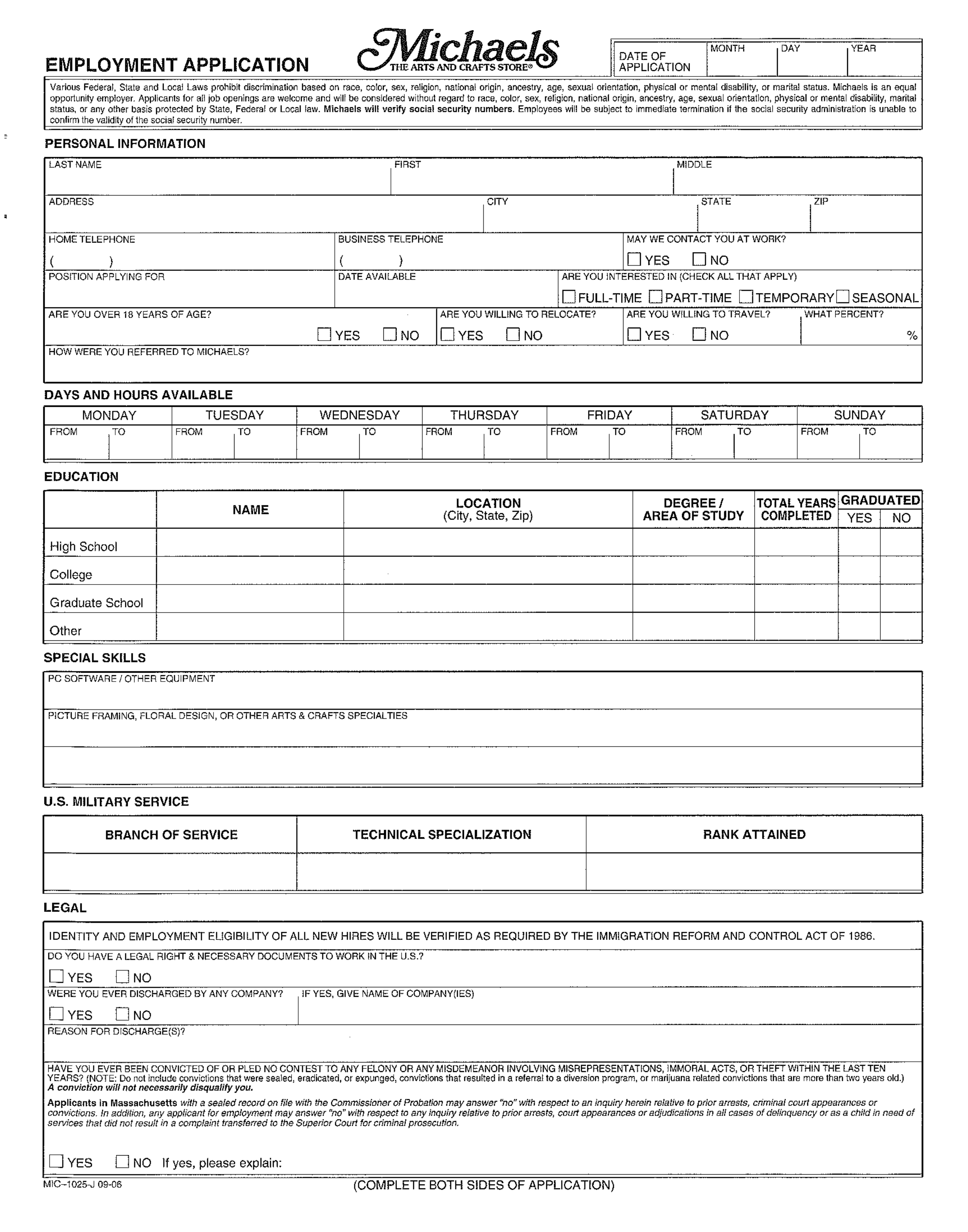 Michael s Employment Application Form Free Download