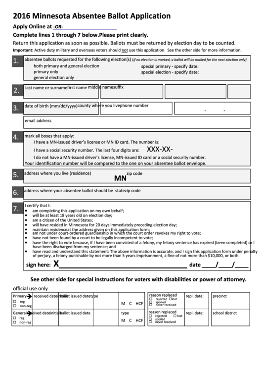 Minnesota Absentee Ballot Application Form 2016 Printable Pdf Download