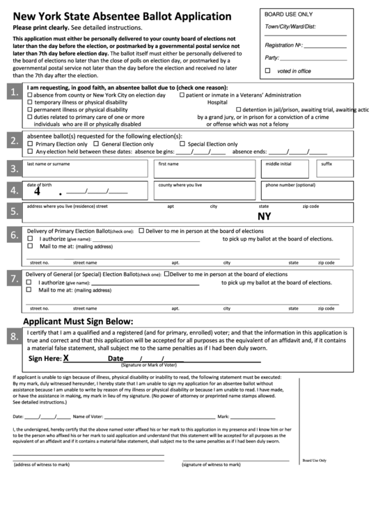 New York State Absentee Ballot Application Printable Pdf Download