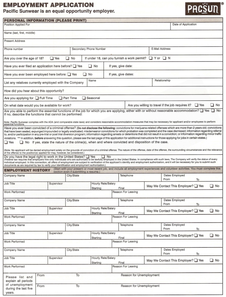 Pacsun Employment Application Form Printable Employment Application 