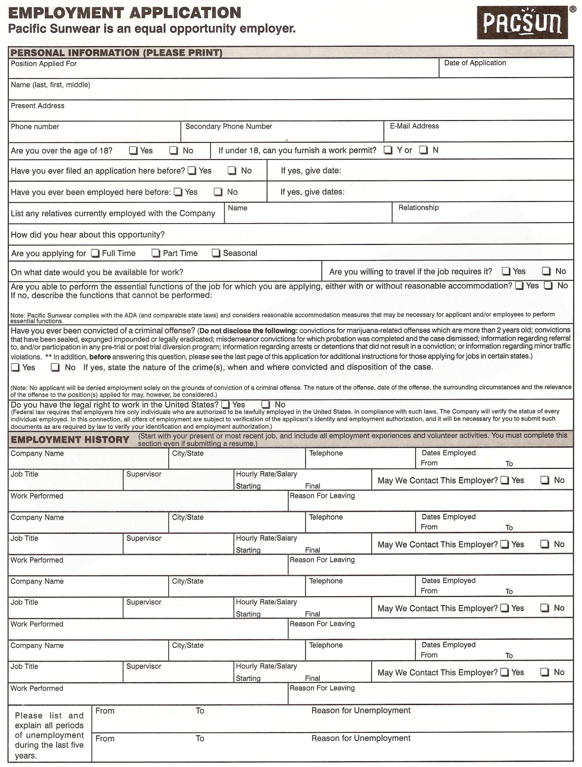 Pacsun Employment Application Form Printable Employment Application Pacsun Employment Application Form Printable Employment Application