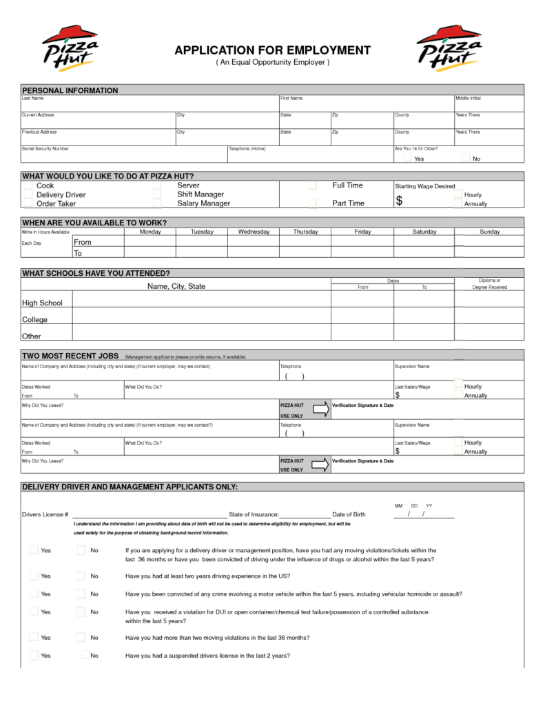 Pizza Hut Job Application Form 2007 Pizza Hut Application 2 Job 