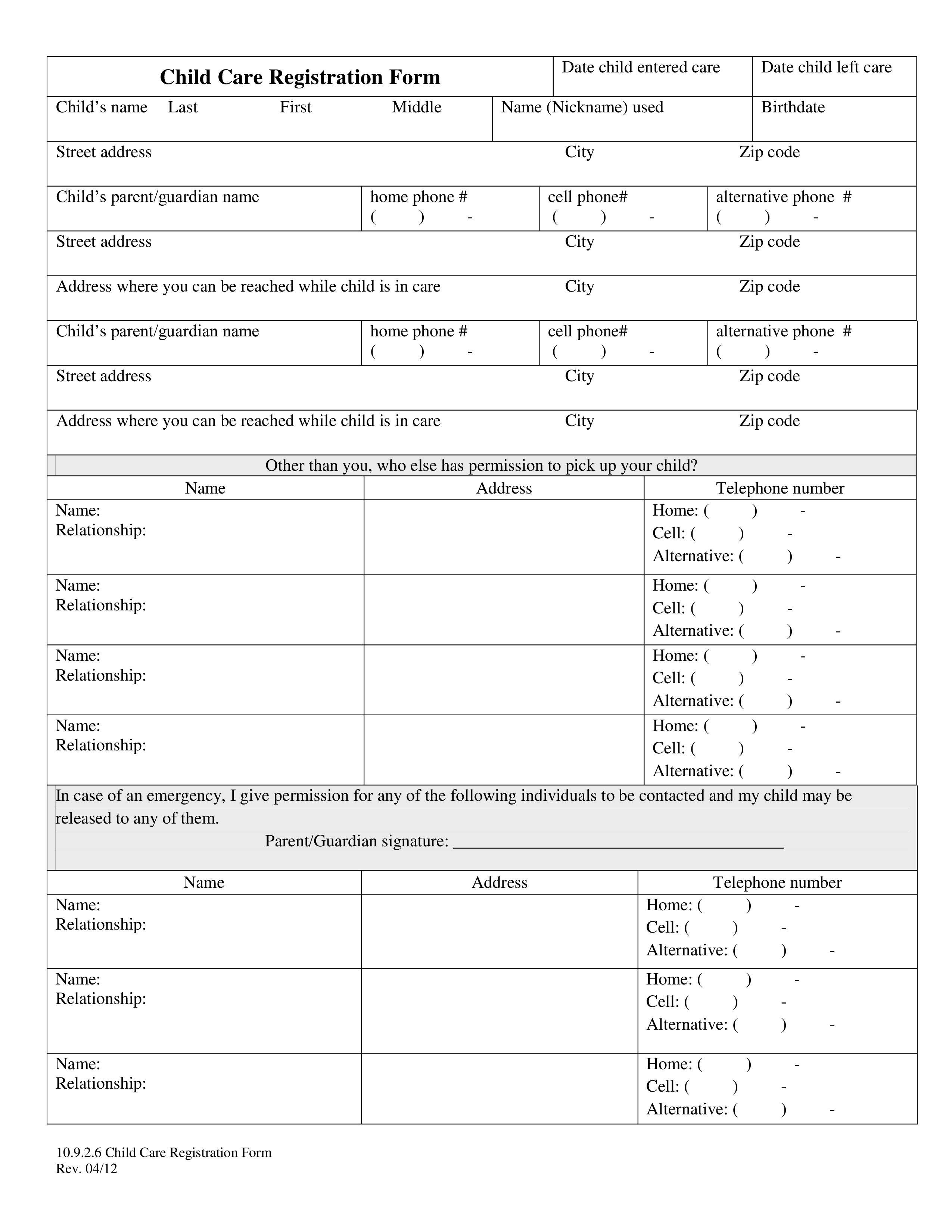 Printable Childcare Registration Form How To Create A Childcare