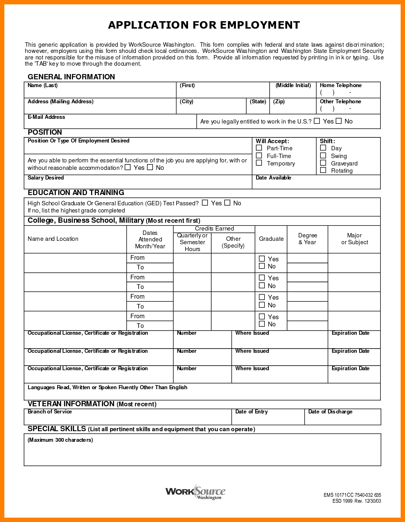 Printable Generic Job Application Form Template Business PSD Excel