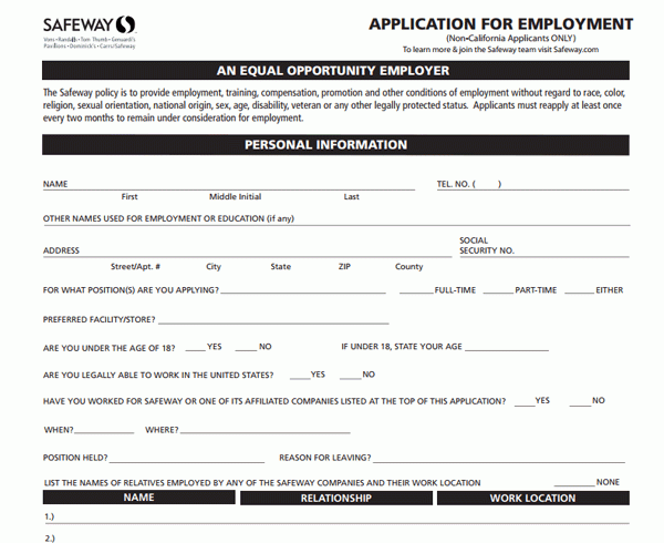 Safeway Application PDF Print Out