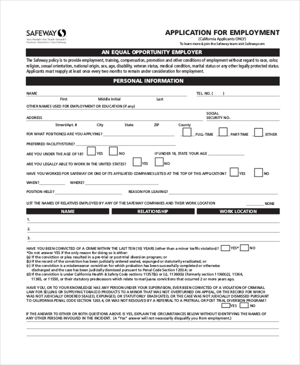 Simple Safeway Application Form