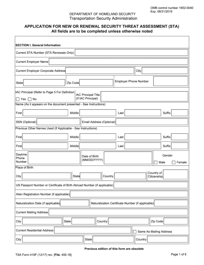 TSA 419F 2022 Form Printable Blank PDF Online