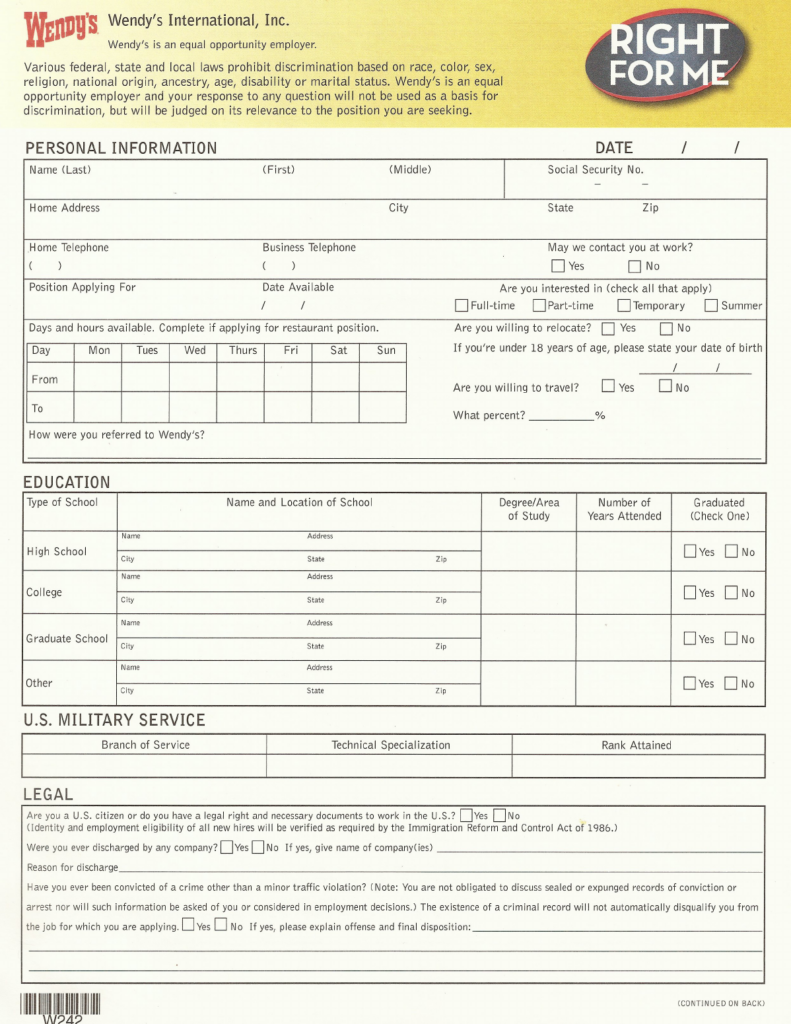 Wendy s Application Form Edit Fill Sign Online Handypdf