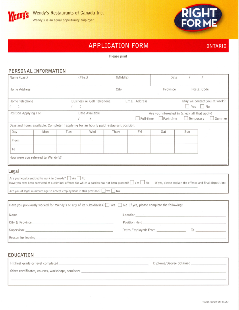 Wendy s Restaurants Of Canada Job Application Form Free Download
